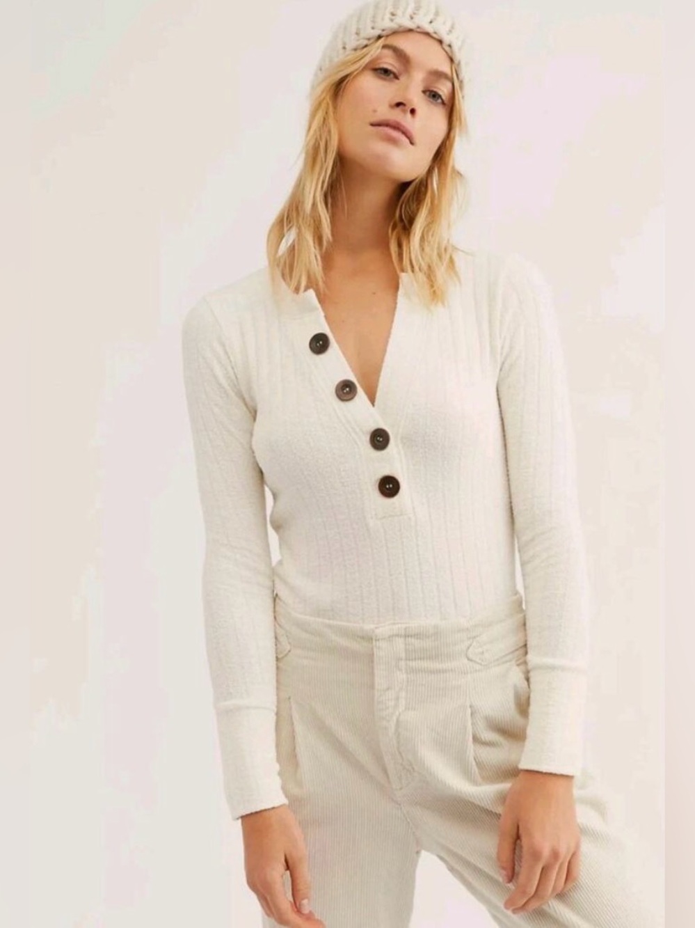 Free People We The Free Oliver Henley Ribbed Shirt Ivory Medium